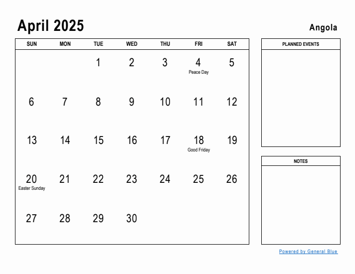 April 2025 Printable Monthly Calendar with Angola Holidays