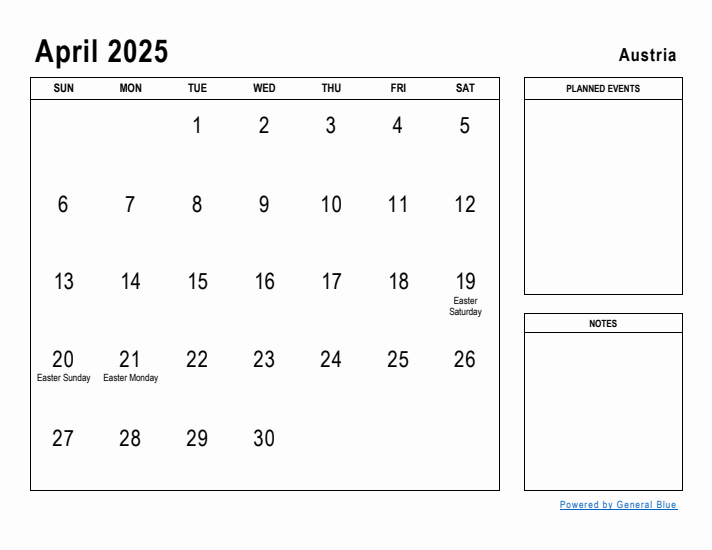 April 2025 Printable Monthly Calendar with Austria Holidays