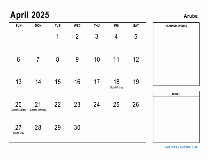 April 2025 Printable Monthly Calendar with Aruba Holidays