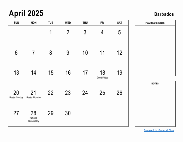 April 2025 Printable Monthly Calendar with Barbados Holidays