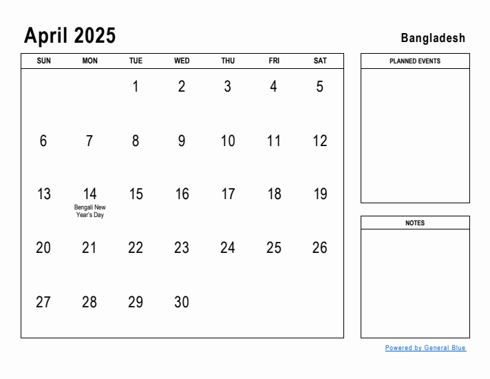 April 2025 Printable Monthly Calendar with Bangladesh Holidays