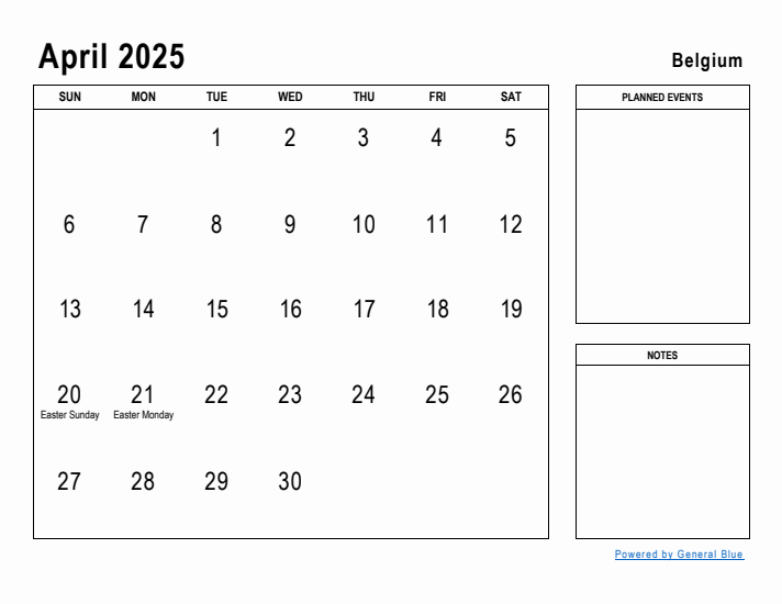 April 2025 Printable Monthly Calendar with Belgium Holidays