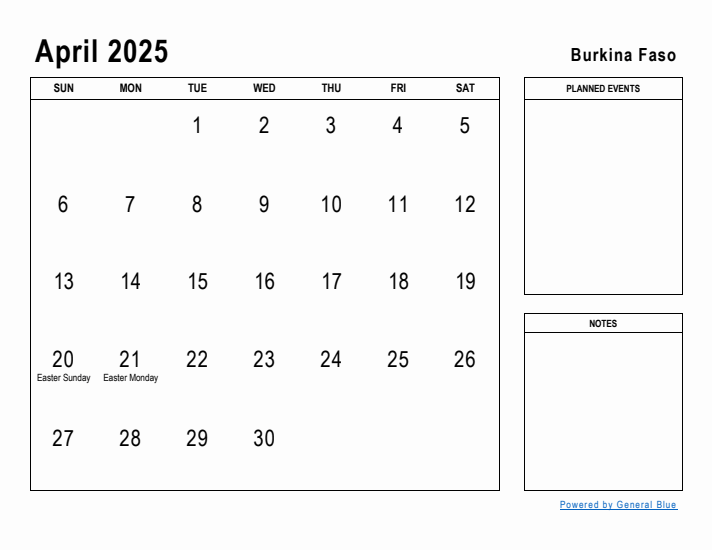 April 2025 Printable Monthly Calendar with Burkina Faso Holidays