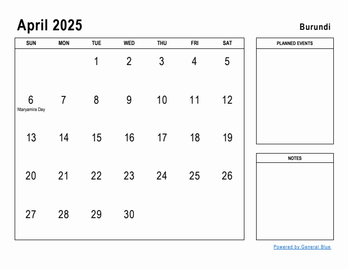 April 2025 Printable Monthly Calendar with Burundi Holidays