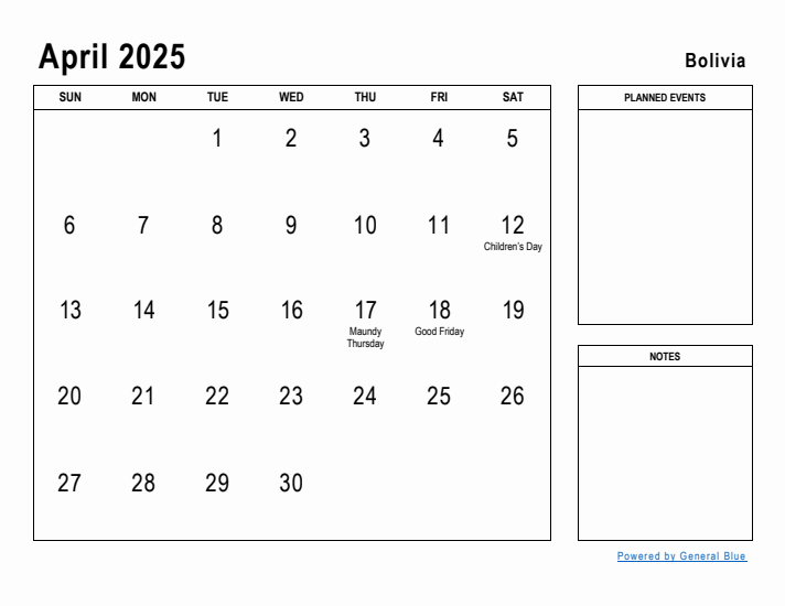 April 2025 Printable Monthly Calendar with Bolivia Holidays