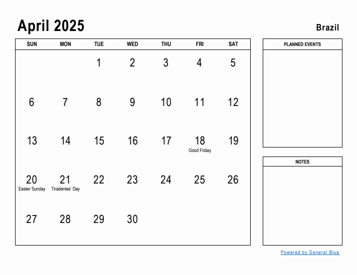 April 2025 Printable Monthly Calendar with Brazil Holidays