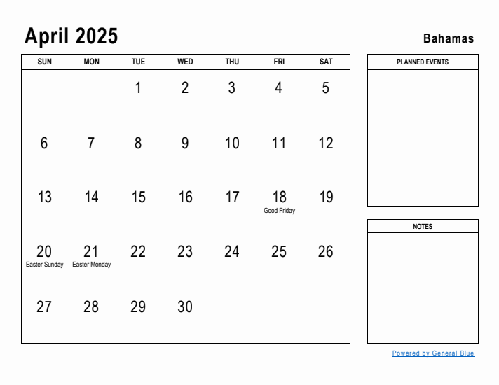 April 2025 Printable Monthly Calendar with Bahamas Holidays