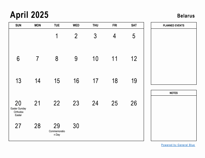 April 2025 Printable Monthly Calendar with Belarus Holidays