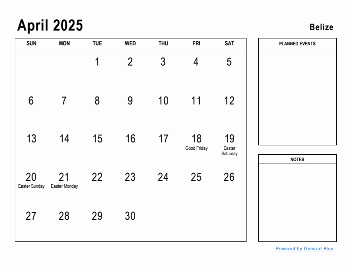 April 2025 Printable Monthly Calendar with Belize Holidays