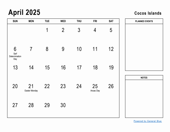 April 2025 Printable Monthly Calendar with Cocos Islands Holidays