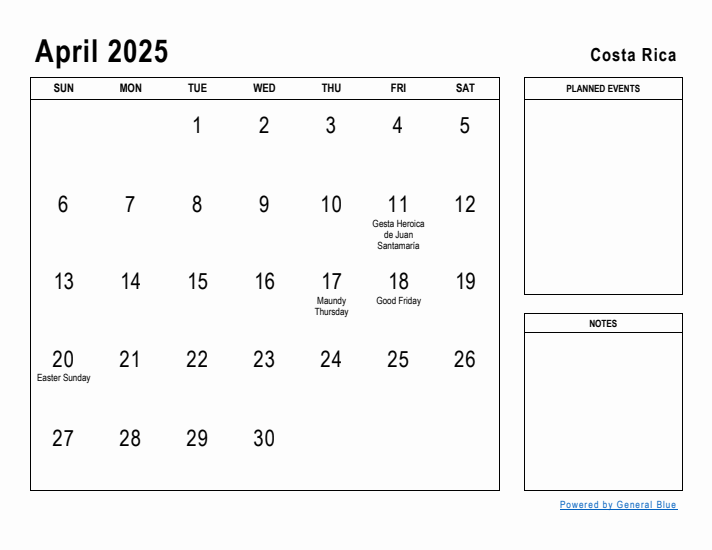 April 2025 Printable Monthly Calendar with Costa Rica Holidays