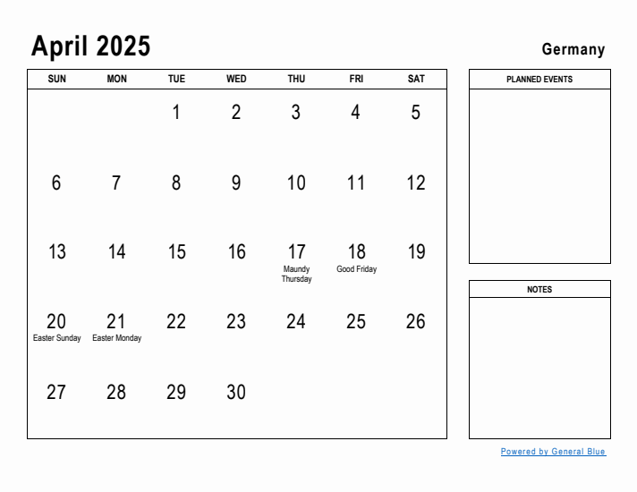 April 2025 Printable Monthly Calendar with Germany Holidays