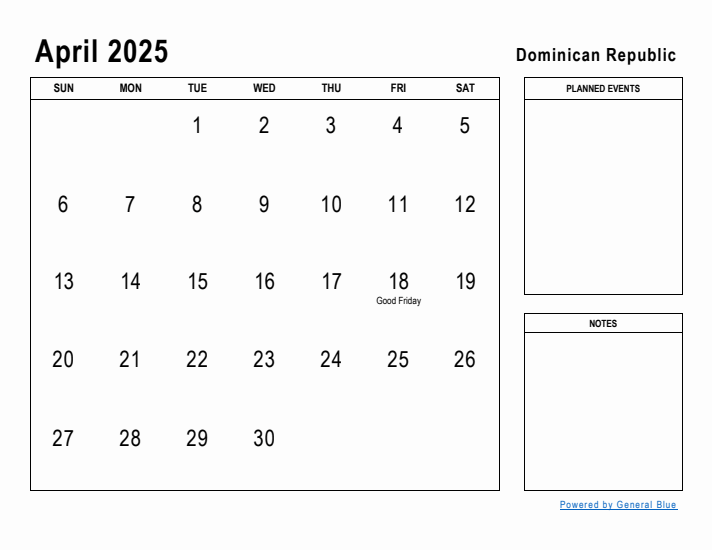 April 2025 Printable Monthly Calendar with Dominican Republic Holidays