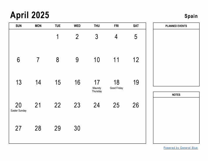 April 2025 Printable Monthly Calendar with Spain Holidays