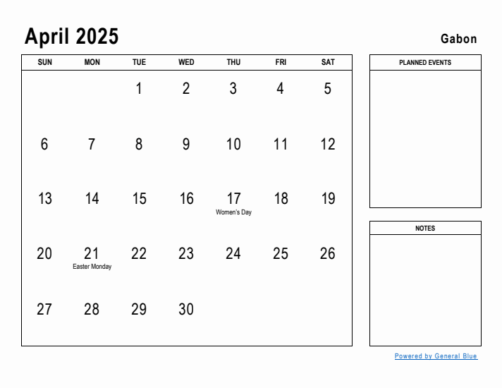 April 2025 Printable Monthly Calendar with Gabon Holidays