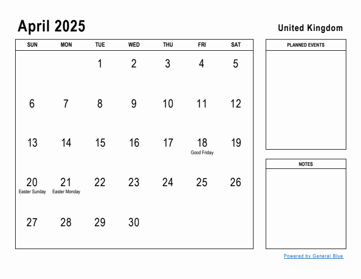 April 2025 Printable Monthly Calendar with United Kingdom Holidays