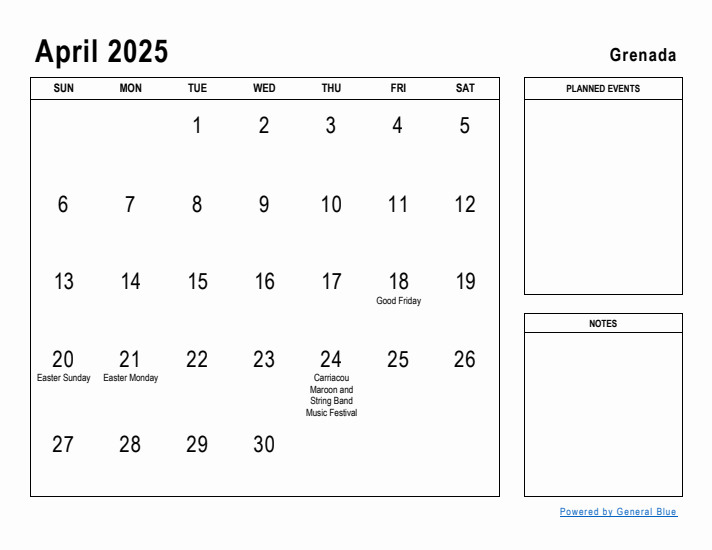 April 2025 Printable Monthly Calendar with Grenada Holidays