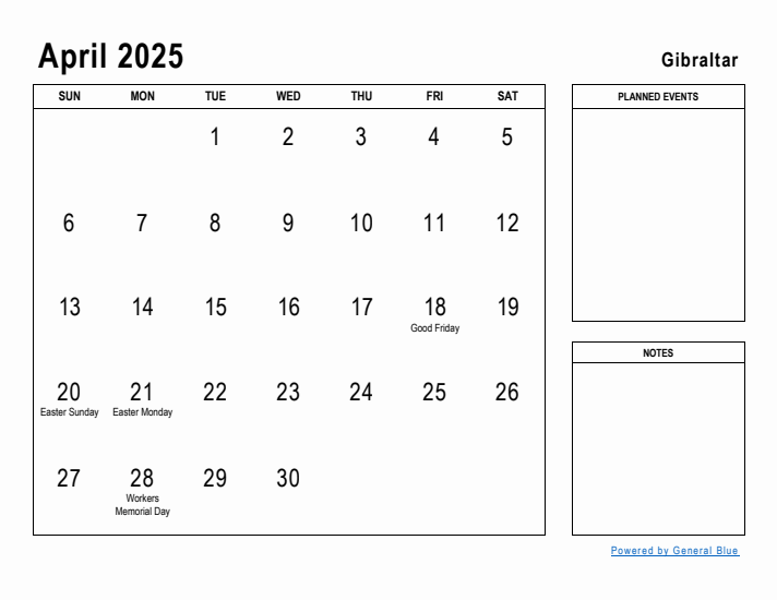 April 2025 Printable Monthly Calendar with Gibraltar Holidays