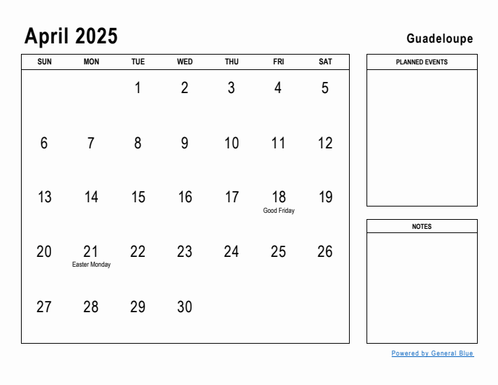 April 2025 Printable Monthly Calendar with Guadeloupe Holidays