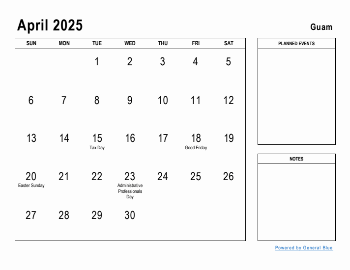 April 2025 Printable Monthly Calendar with Guam Holidays