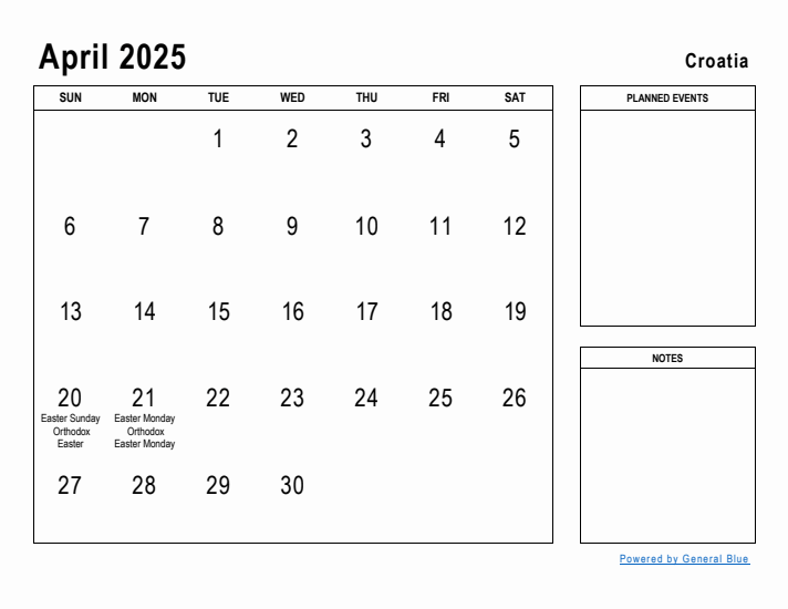 April 2025 Printable Monthly Calendar with Croatia Holidays