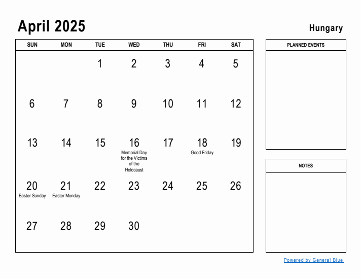 April 2025 Printable Monthly Calendar with Hungary Holidays