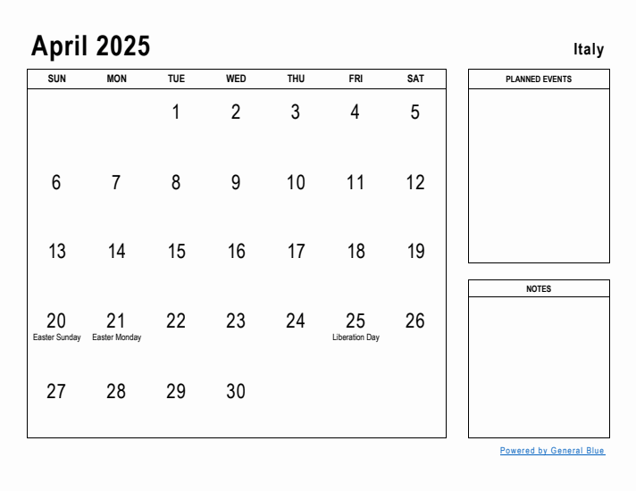 April 2025 Printable Monthly Calendar with Italy Holidays