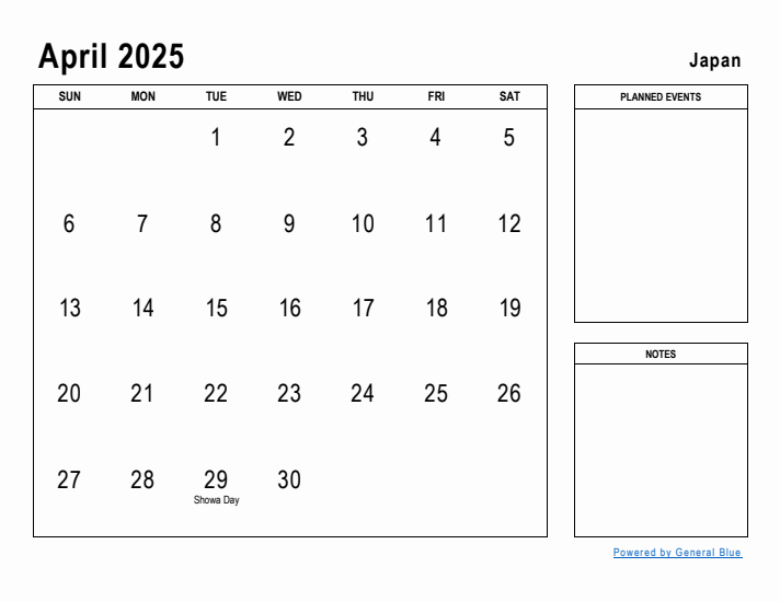 April 2025 Printable Monthly Calendar with Japan Holidays