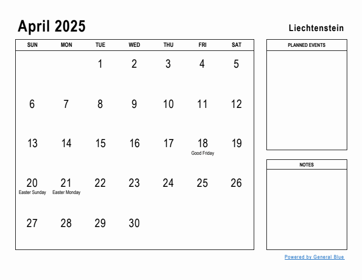 April 2025 Printable Monthly Calendar with Liechtenstein Holidays