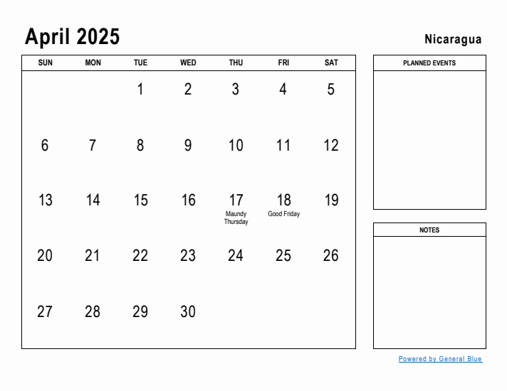 April 2025 Printable Monthly Calendar with Nicaragua Holidays