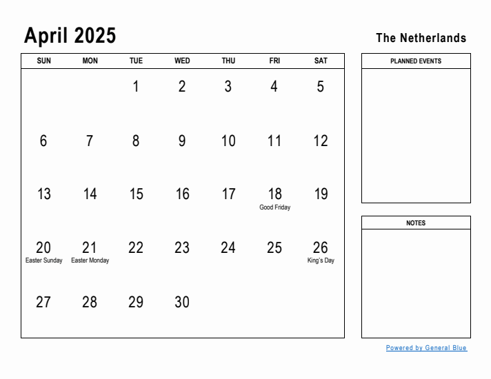 April 2025 Printable Monthly Calendar with The Netherlands Holidays