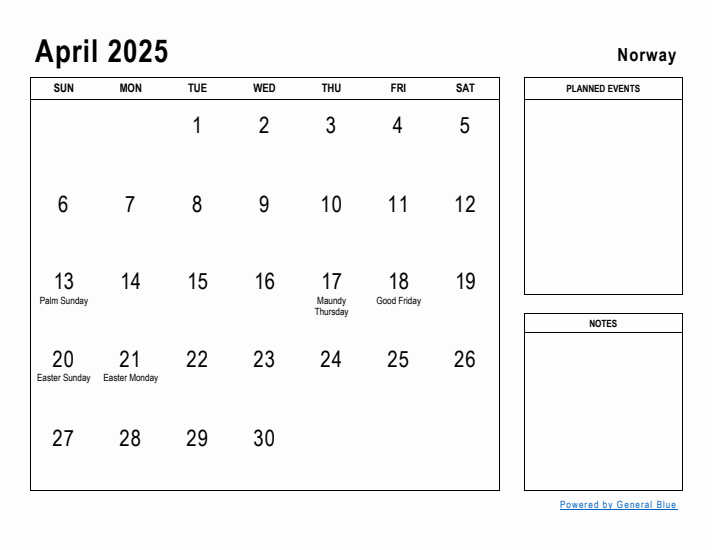 April 2025 Printable Monthly Calendar with Norway Holidays