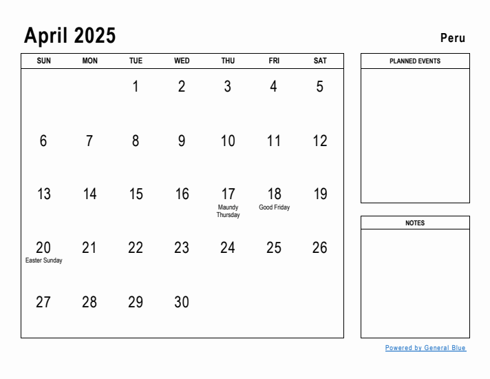 April 2025 Printable Monthly Calendar with Peru Holidays