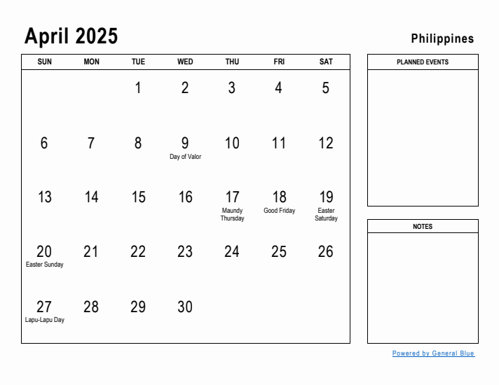 April 2025 Printable Monthly Calendar with Philippines Holidays