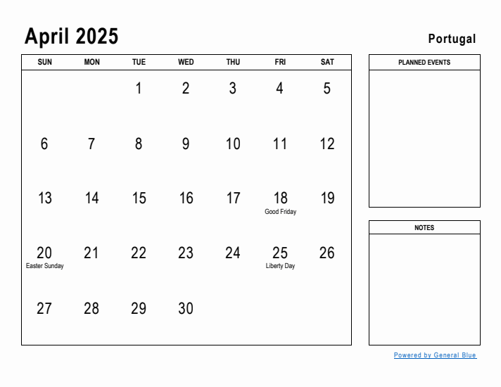 April 2025 Printable Monthly Calendar with Portugal Holidays