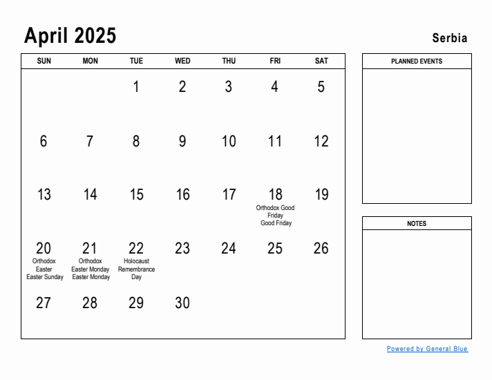 April 2025 Printable Monthly Calendar with Serbia Holidays