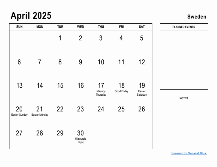 April 2025 Printable Monthly Calendar with Sweden Holidays