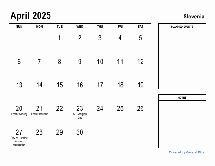 April 2025 Printable Monthly Calendar with Slovenia Holidays