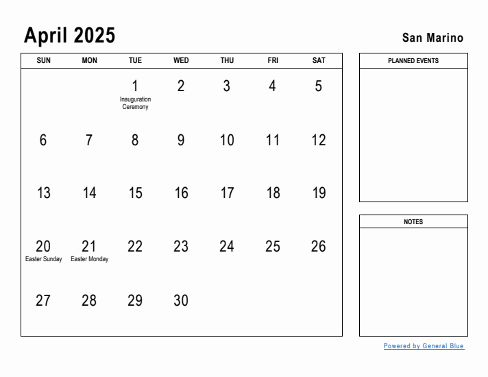 April 2025 Printable Monthly Calendar with San Marino Holidays