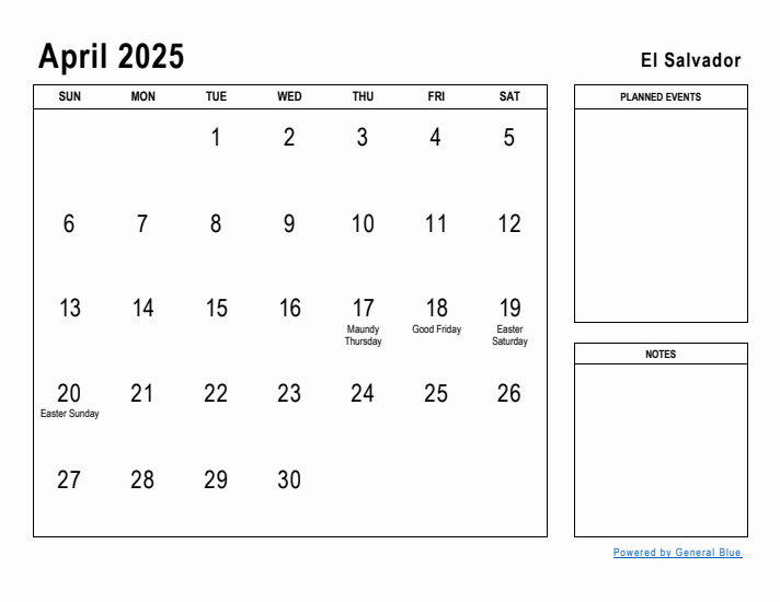 April 2025 Printable Monthly Calendar with El Salvador Holidays