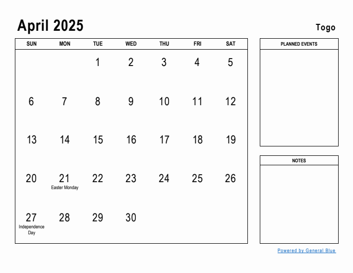 April 2025 Printable Monthly Calendar with Togo Holidays