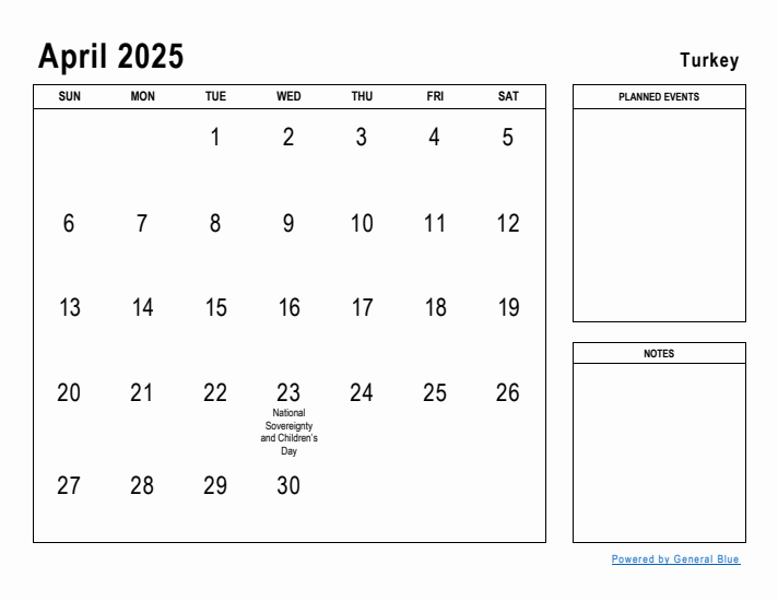 April 2025 Printable Monthly Calendar with Turkey Holidays