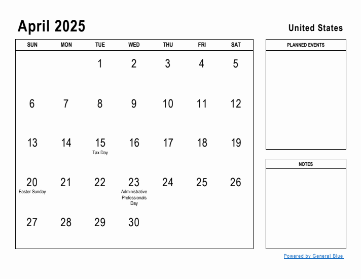 April 2025 Printable Monthly Calendar with United States Holidays