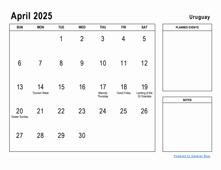 April 2025 Printable Monthly Calendar with Uruguay Holidays