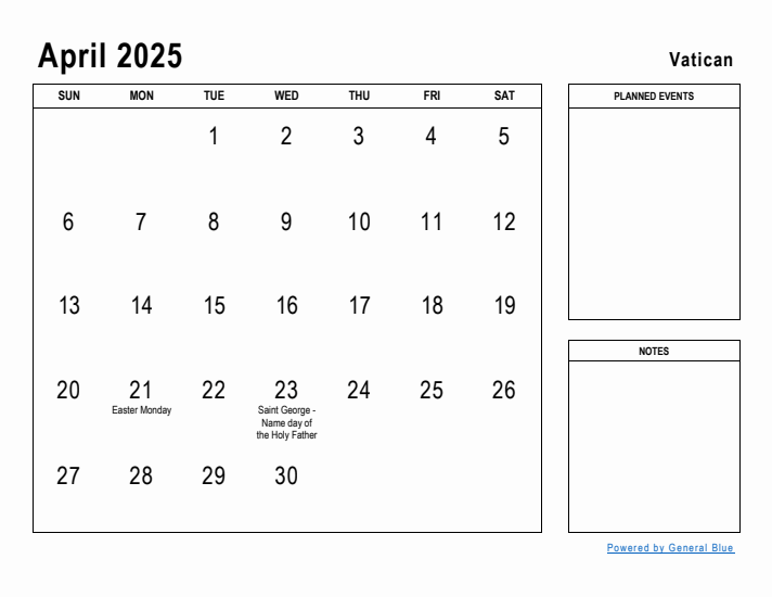 April 2025 Printable Monthly Calendar with Vatican Holidays