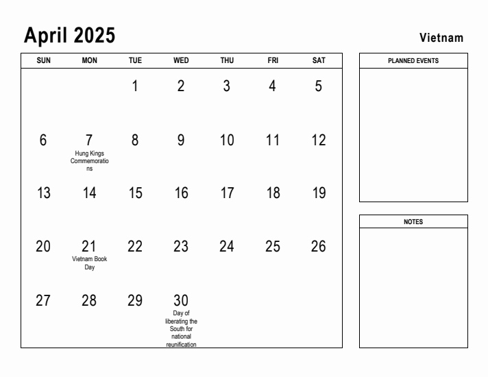 April 2025 Printable Monthly Calendar with Vietnam Holidays