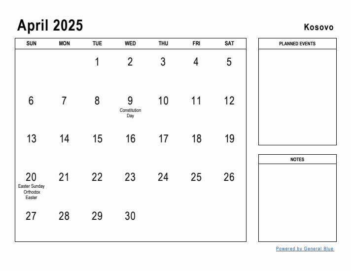 April 2025 Printable Monthly Calendar with Kosovo Holidays