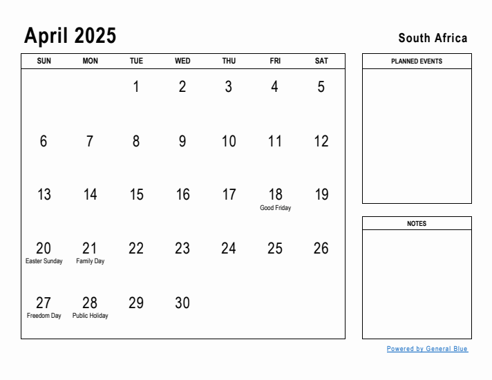 April 2025 Printable Monthly Calendar with South Africa Holidays