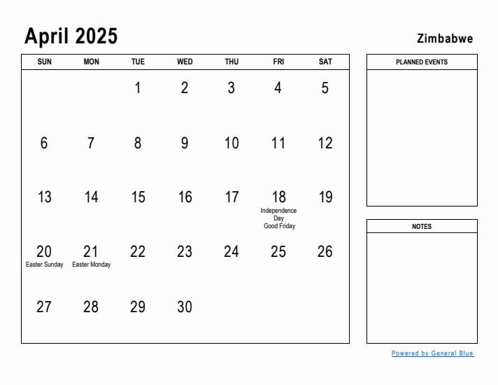 April 2025 Printable Monthly Calendar with Zimbabwe Holidays