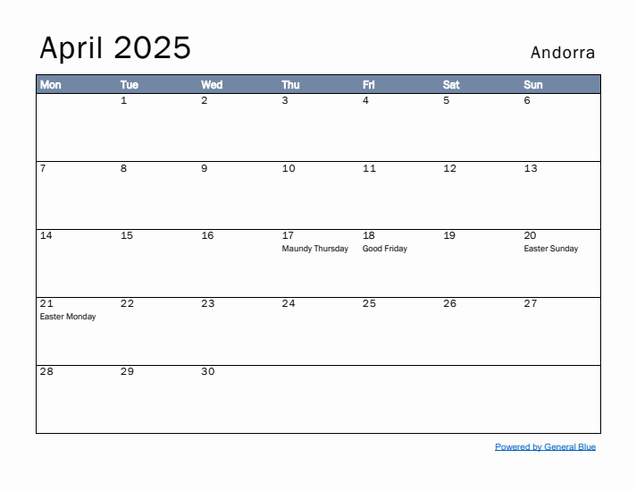 April 2025 Simple Monthly Calendar for Andorra